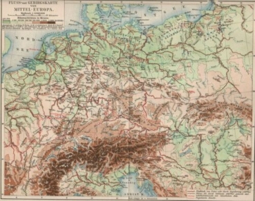 1908 - alter Druck - Fluss- und Gebirgskarte von Mittel-Europa